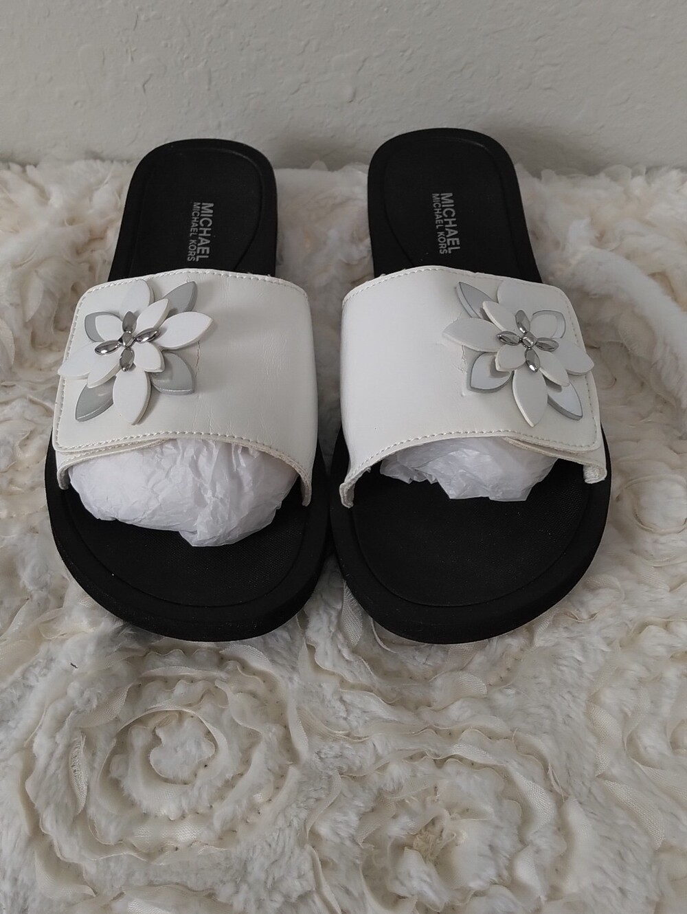 Michael Kors Black and White Slide Sandals with Gold Accents